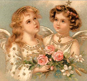 two angel girls with pink flowers