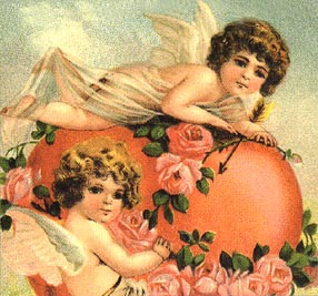 two angels atop red heart with arrows