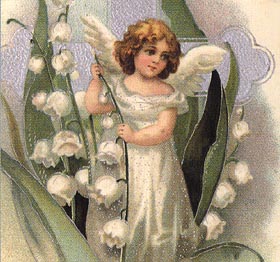 teeny angel with white flowers, white cross